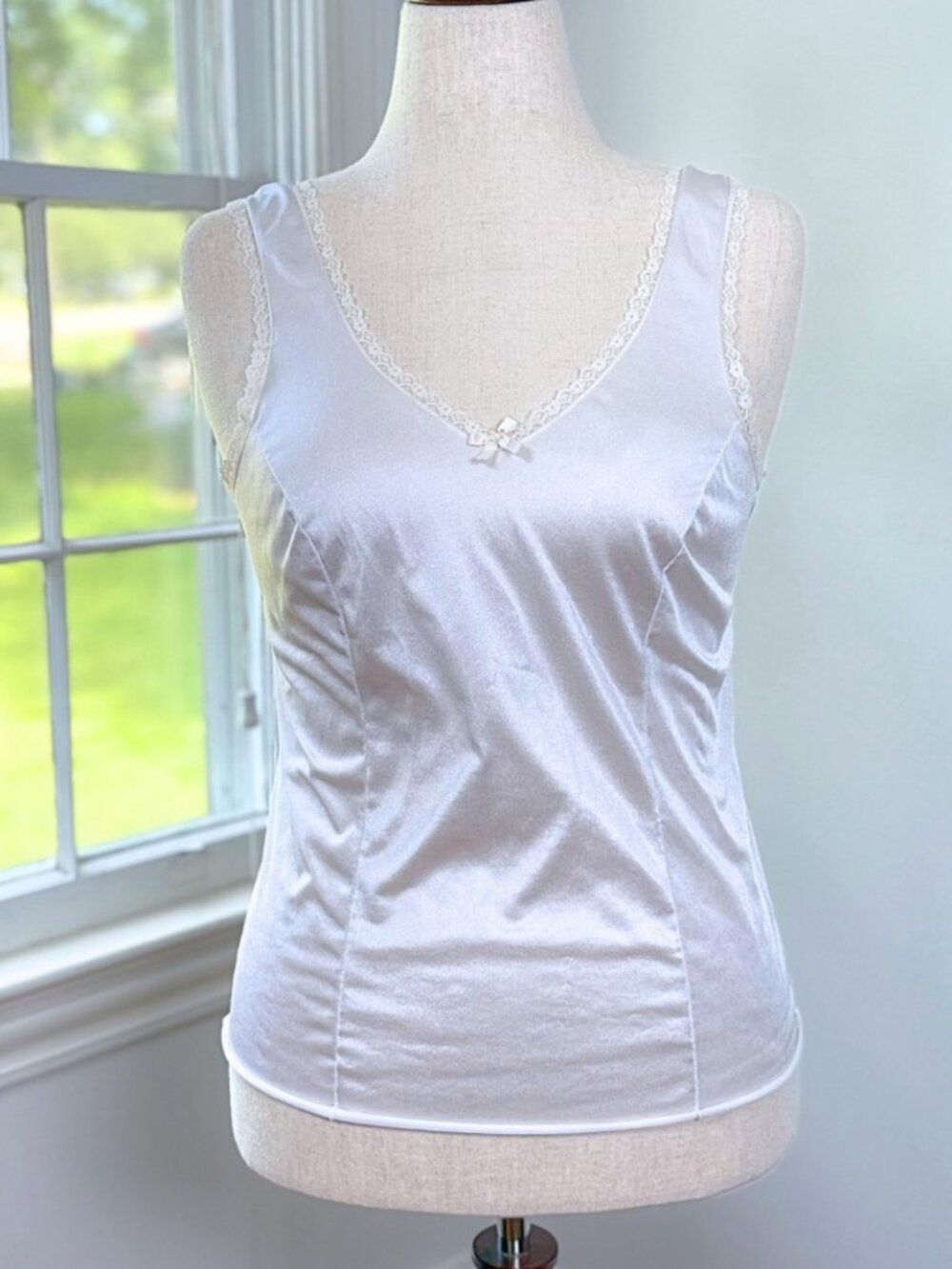 Vintage Velrose Coquette White Satin Camisole Medium Slip Top Lace Bow Bridal